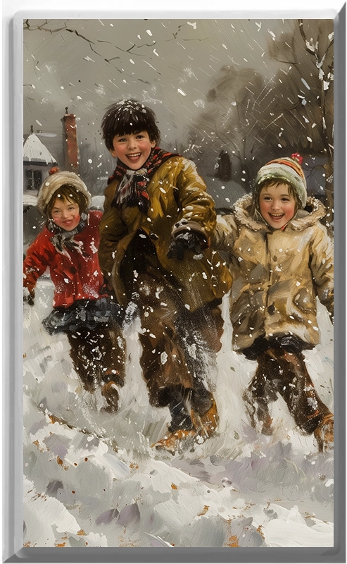 Niños jugando en la nieve - Placa de luz de noche para pared con cubierta luminosa para decoración del hogar - Deléitese con la luz y vea en la oscuridad