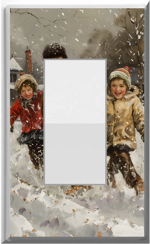 Niños jugando en la nieve - Placa de luz de noche para pared con cubierta luminosa para decoración del hogar - Deléitese con la luz y vea en la oscuridad