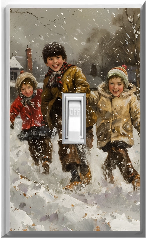 Niños jugando en la nieve - Placa de luz de noche para pared con cubierta luminosa para decoración del hogar - Deléitese con la luz y vea en la oscuridad