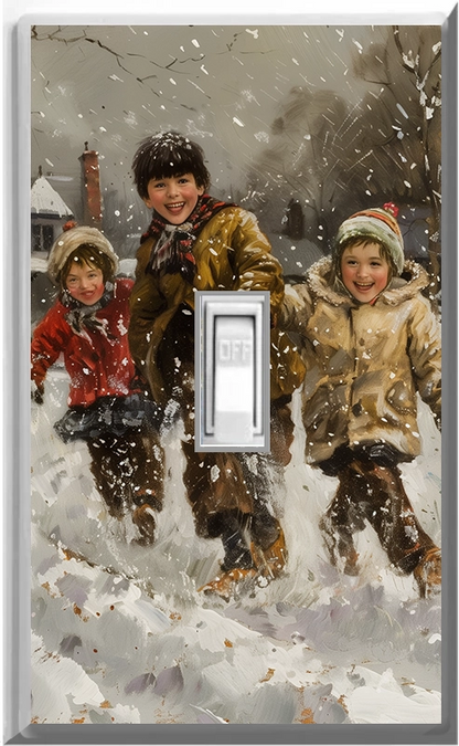 Niños jugando en la nieve - Placa de luz de noche para pared con cubierta luminosa para decoración del hogar - Deléitese con la luz y vea en la oscuridad