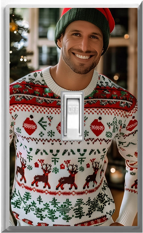 Male White Christmas Sweater - Glow Covers Home Decor Night Light Wall Plate - Delight in the Light and See in the Dark