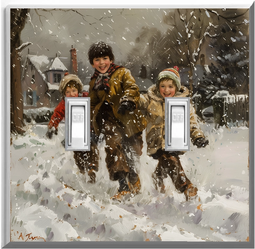 Niños jugando en la nieve - Placa de luz de noche para pared con cubierta luminosa para decoración del hogar - Deléitese con la luz y vea en la oscuridad