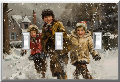 Niños jugando en la nieve - Placa de luz de noche para pared con cubierta luminosa para decoración del hogar - Deléitese con la luz y vea en la oscuridad