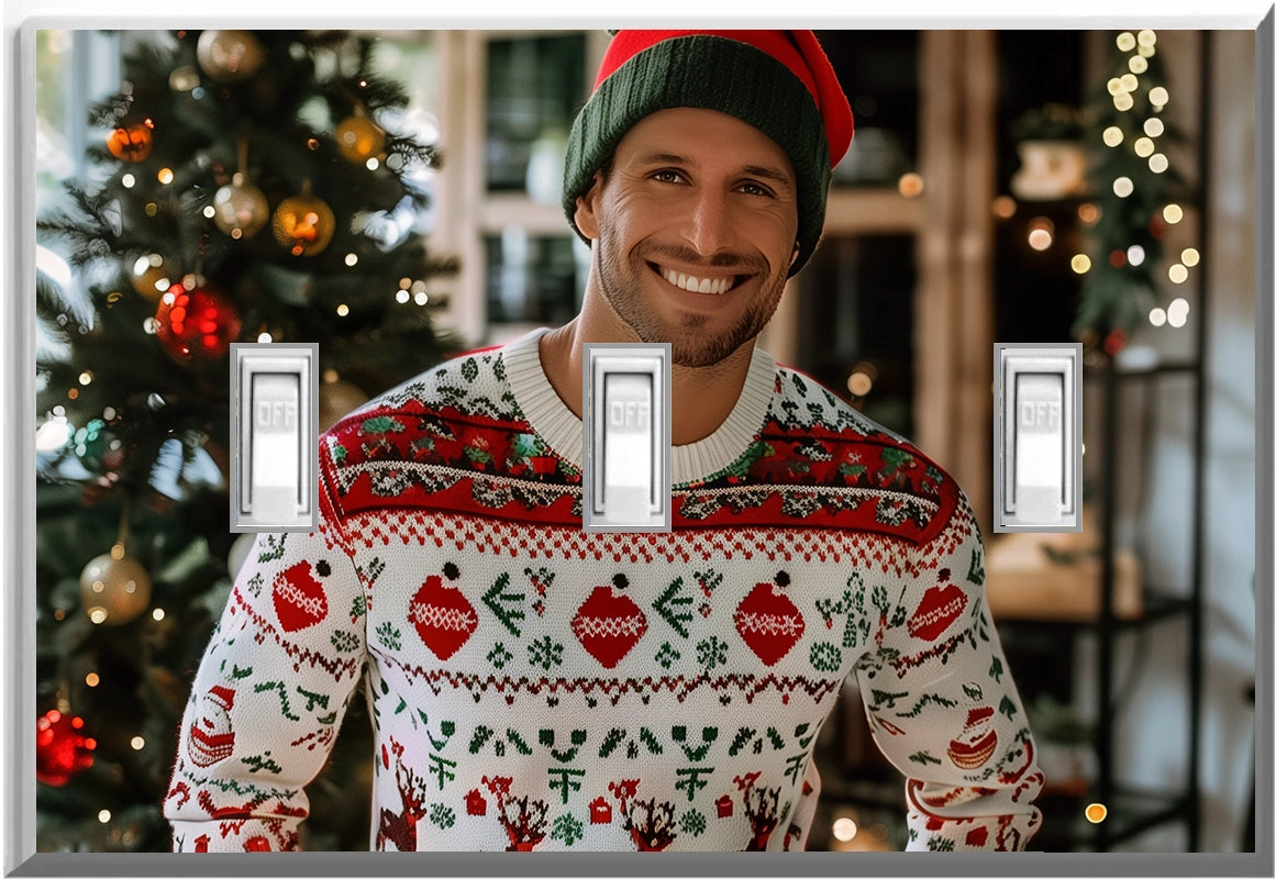 Male White Christmas Sweater - Glow Covers Home Decor Night Light Wall Plate - Delight in the Light and See in the Dark