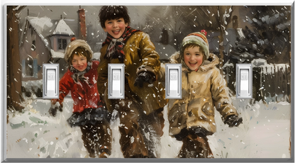 Niños jugando en la nieve - Placa de luz de noche para pared con cubierta luminosa para decoración del hogar - Deléitese con la luz y vea en la oscuridad